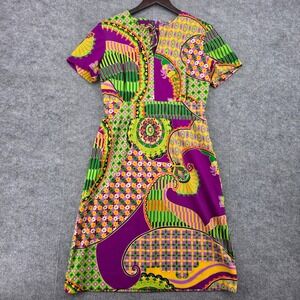 Vintage Joan Curtis Psychedelic Paisley Mod Dress Purple Green Short Sleeve 60s